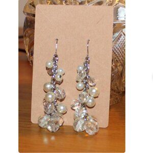 Vintage-Style Cascading Pearl and Crystal Cluster Dangle Earrings – 3" Long